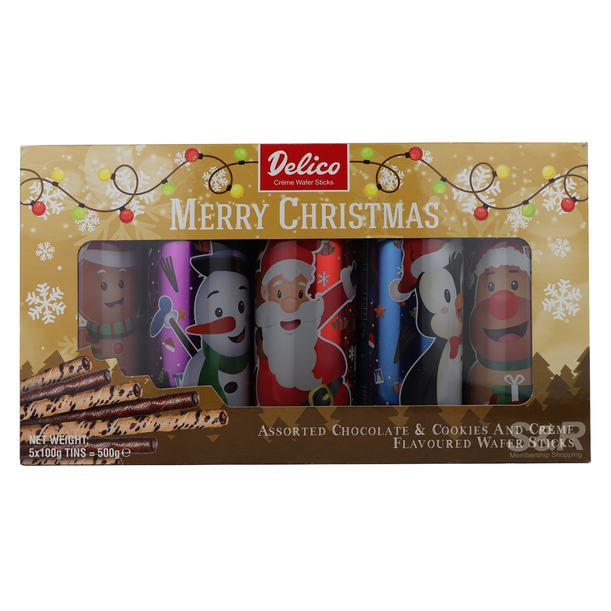 Delico Christmas Assorted Chocolate and Cookies and Creme Flavoured Wafer Sticks 5x100g Delico Christmas Assorted Chocolate and Cookies and Creme Flavoured Wafer Sticks 5x100g
